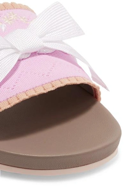 Shop Fendi Bow-embellished Embroidered Stretch-knit And Leather Slides In Pink