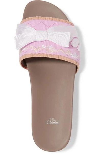 Shop Fendi Bow-embellished Embroidered Stretch-knit And Leather Slides In Pink