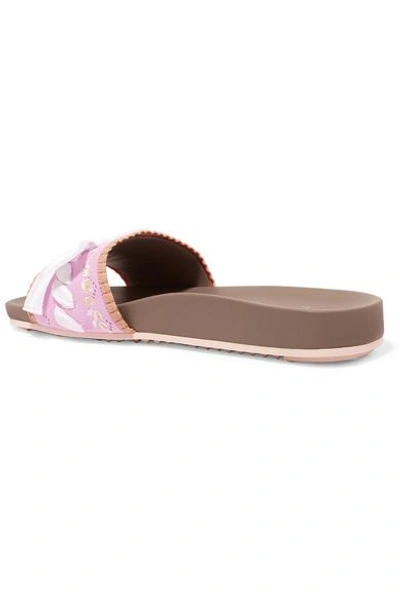 Shop Fendi Bow-embellished Embroidered Stretch-knit And Leather Slides In Pink