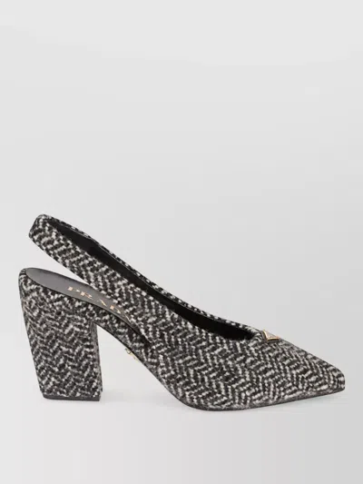 Prada White And Black Slingback Pumps In Chevron Fabric In Black