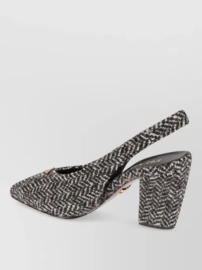 Prada White And Black Slingback Pumps In Chevron Fabric In Black