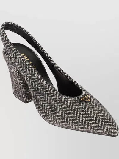 Prada White And Black Slingback Pumps In Chevron Fabric In Black