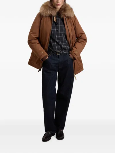 Woolrich 페이크 퍼 칼라 드로스트링 코트 In Brown