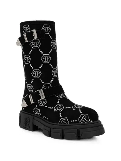 Philipp Plein Monogram Strass-embellished Boots In Black