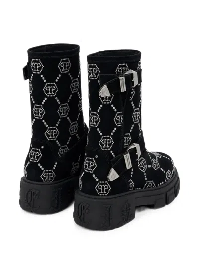 Philipp Plein Monogram Strass-embellished Boots In Black