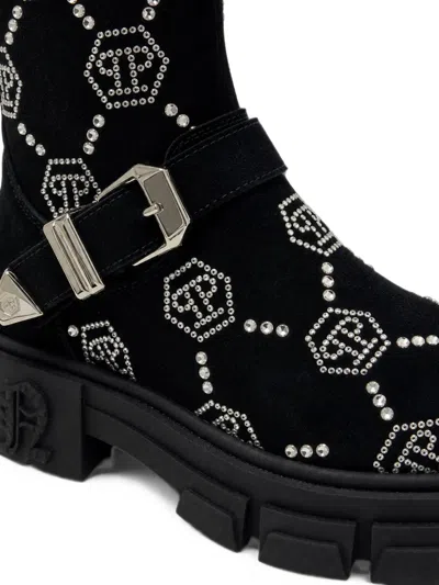 Philipp Plein Monogram Strass-embellished Boots In Black