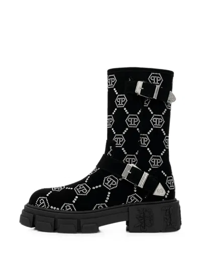 Philipp Plein Monogram Strass-embellished Boots In Black