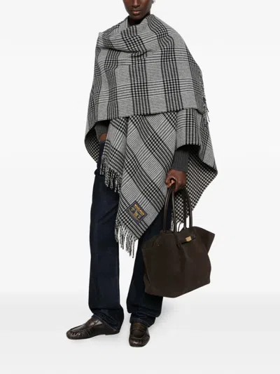 Woolrich Check-pattern Fringed Cape In Gray