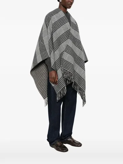 Woolrich Check-pattern Fringed Cape In Gray