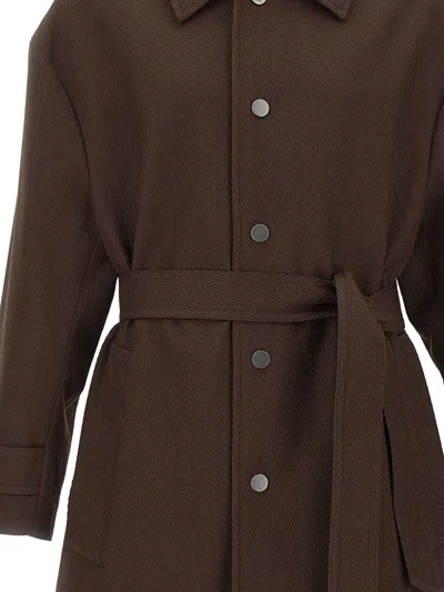 Hugo Boss Herringbone-pattern Belted Coat In Brown