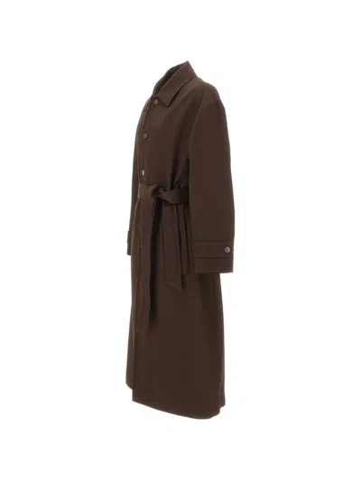Hugo Boss Herringbone-pattern Belted Coat In Brown
