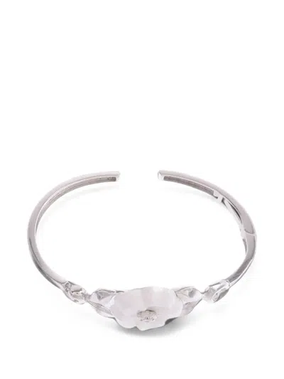Pre-owned Chanel Bouton De Camélia Diamond Bangle In Silver