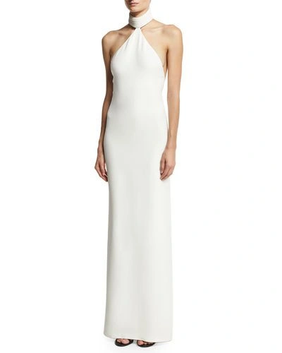 Brandon Maxwell Sleeveless Piped-neck Halter Gown, Ivory