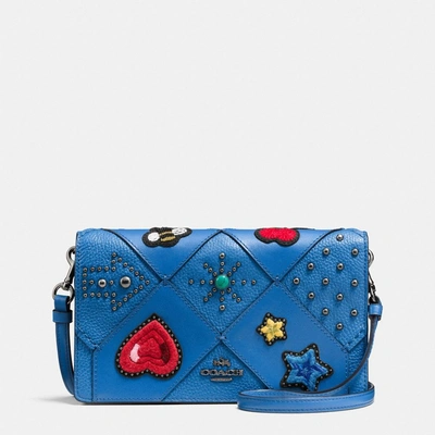 Coach Foldover Crossbody In Embellished Canyon Quilt Leather In : Dark Gunmetal/lapis