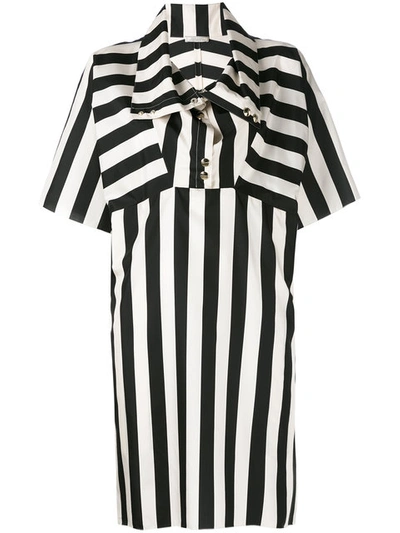 Nina Ricci Striped Silk Dress With Funnel Neckline In Ecru/black