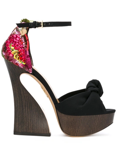 Charlotte Olympia Flamboyant Vreeland Embroidered Suede Platform Sandals In Black-multi