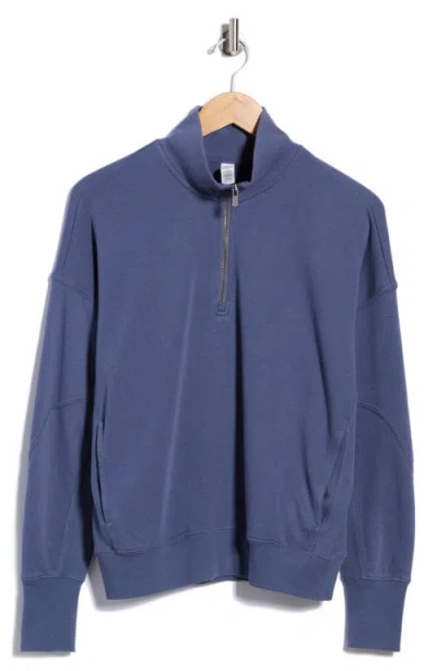 Yogalicious Rib Panel Quarter Zip Terry Pullover In Blue