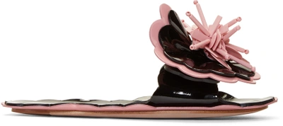 Miu Miu Patent Flower Flat Slide Sandal, Black/pink