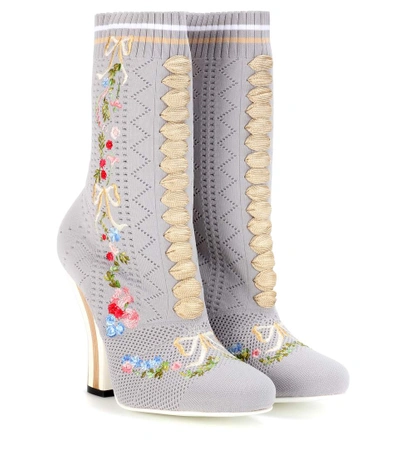 Fendi Floral-embroidered Striped-heel Sock Boots In Dove-gry