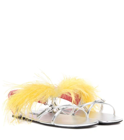 Shop Prada Feather-embellished Leather Sandals In Argeeto