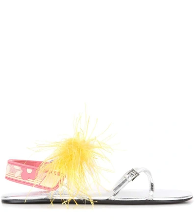 Shop Prada Feather-embellished Leather Sandals In Argeeto