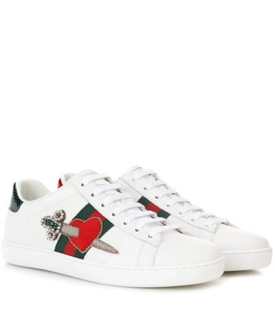 Shop Gucci Ace Embellished Leather Sneakers In Liaeco