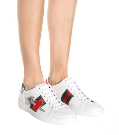 Shop Gucci Ace Embellished Leather Sneakers In Liaeco