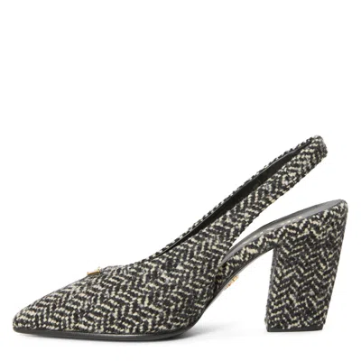 Prada White And Black Slingback Pumps In Chevron Fabric In Black