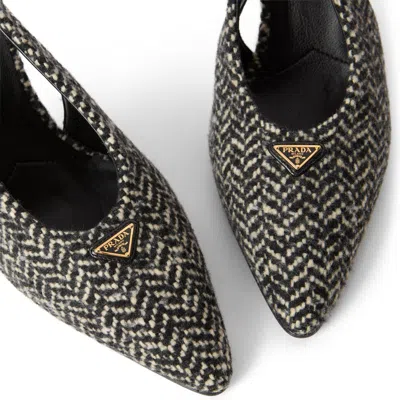 Prada White And Black Slingback Pumps In Chevron Fabric In Black