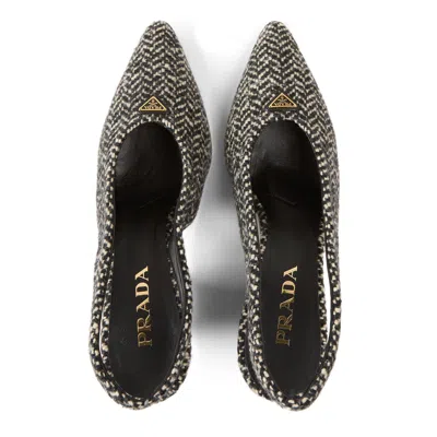 Prada White And Black Slingback Pumps In Chevron Fabric In Black