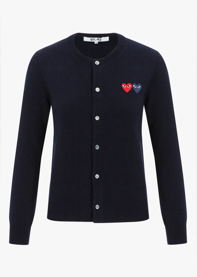 Comme Des Garçons Play Double Heart Patch Cardigan In Navy