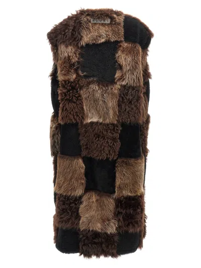 Marni Patchwork Shearling Vest In Brown