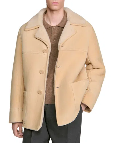 Sandro Notch Lapel Shearling Jacket In Neutral