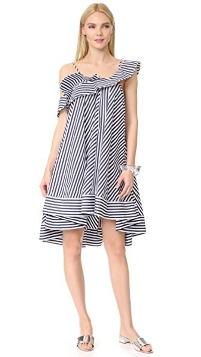 Shop Msgm Stripe Ruffle Dress In Navy/white