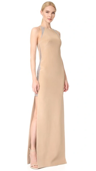 Kaufmanfranco Long Gown In Tan/crystal