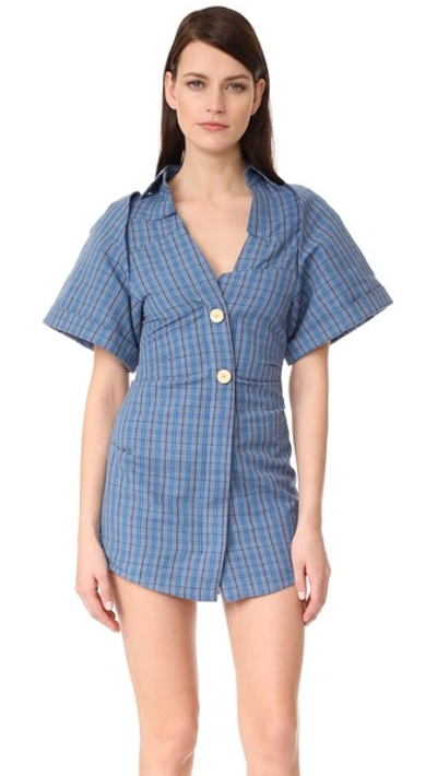 Jacquemus Short Sleeve Dress In Checkered & Plaid, Blue. In Blue Check