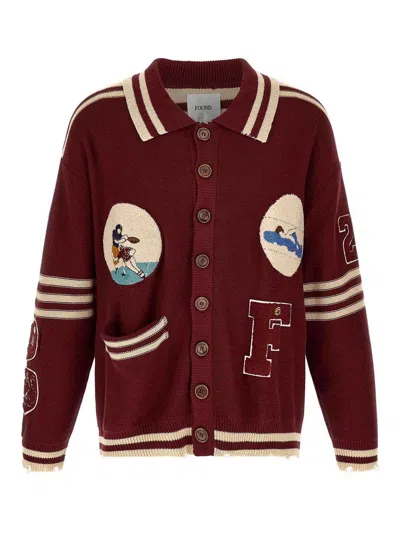 Found Varsity Patch Collared Cardigan In Red