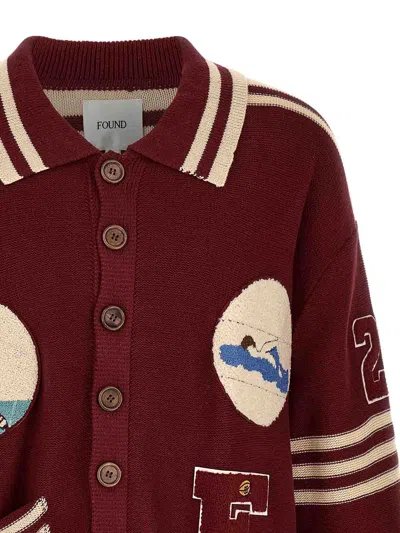 Found Varsity Patch Collared Cardigan In Red