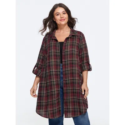 Bloomchic Plaid Roll Tab Sleeve Button Down Jacket In Multi