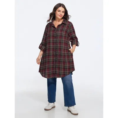 Bloomchic Plaid Roll Tab Sleeve Button Down Jacket In Multi
