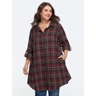 Bloomchic Plaid Roll Tab Sleeve Button Down Jacket In Multi