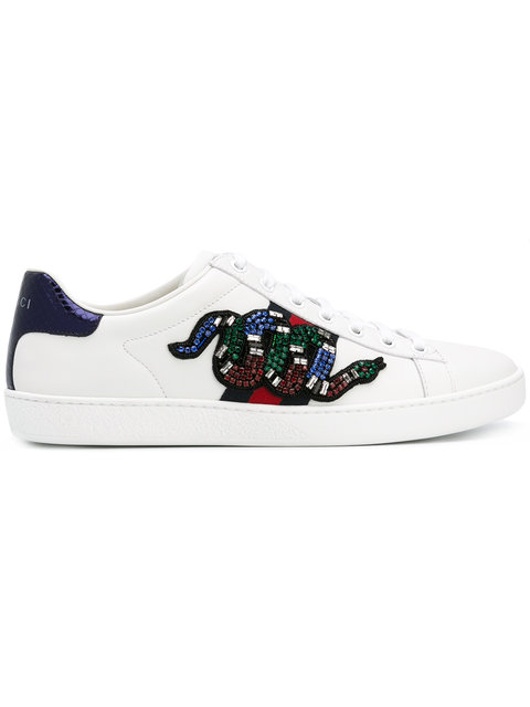 Gucci New Ace Crystal-embroidered Snake Leather Low-top Sneakers In 9161  White | ModeSens