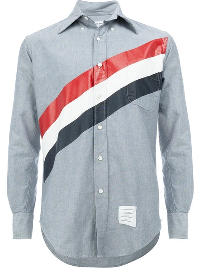 Thom Browne Long Sleeve Shirt With Printed Diagonal Stripe In Navy Oxford
