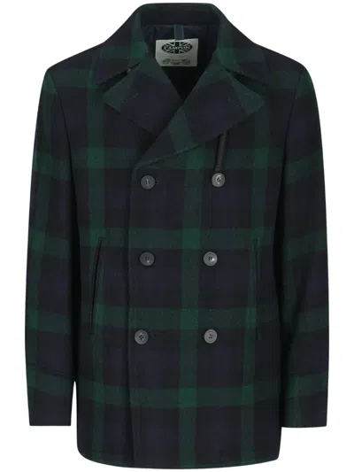 Camplin Check Double-breasted Peacoat In Blue