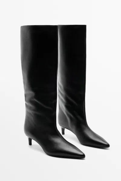 Massimo Dutti Soft Leather Heel Boot In Black