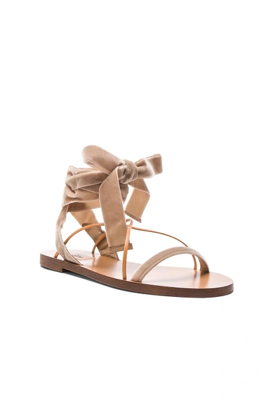 Shop Valentino Flat Velour Ankle Tie Sandals In Neutrals. In Soft Noisette & Natural