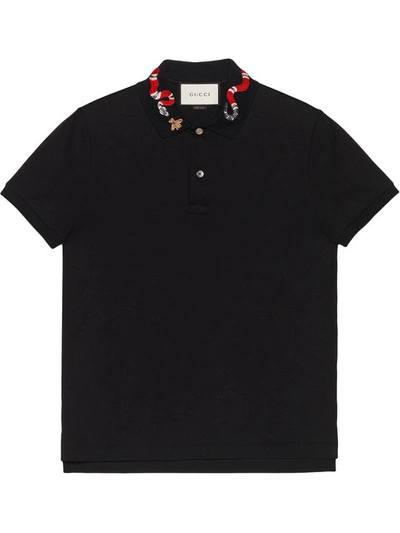 Gucci Cotton Polo With Kingsnake Embroidery In Black Cotton
