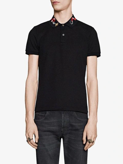 Shop Gucci Polo With Snake Embroidery In Black