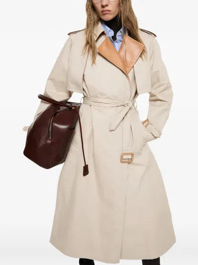Acne Studios Belted Leather Lapel Trench Coat In Neutral