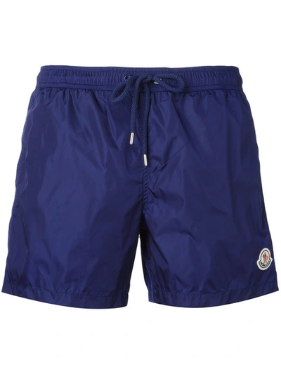 Shop Moncler Logo Plaque Swim Shorts In Blue